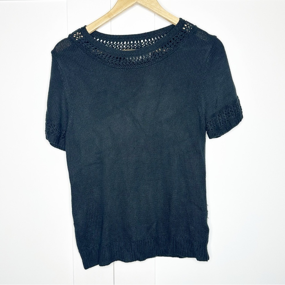 by Anthropologie short sleeve sweater Medium black pointelle crochet lightweight - Picture 1 of 9